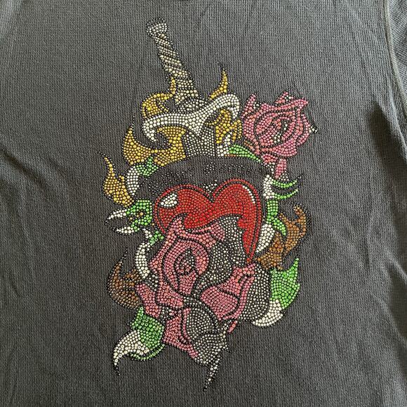 Vtg Y2K Black Crystal Embellished Bedazzled Silver Dagger Longsleeve Thermal Top - Picture 6 of 6